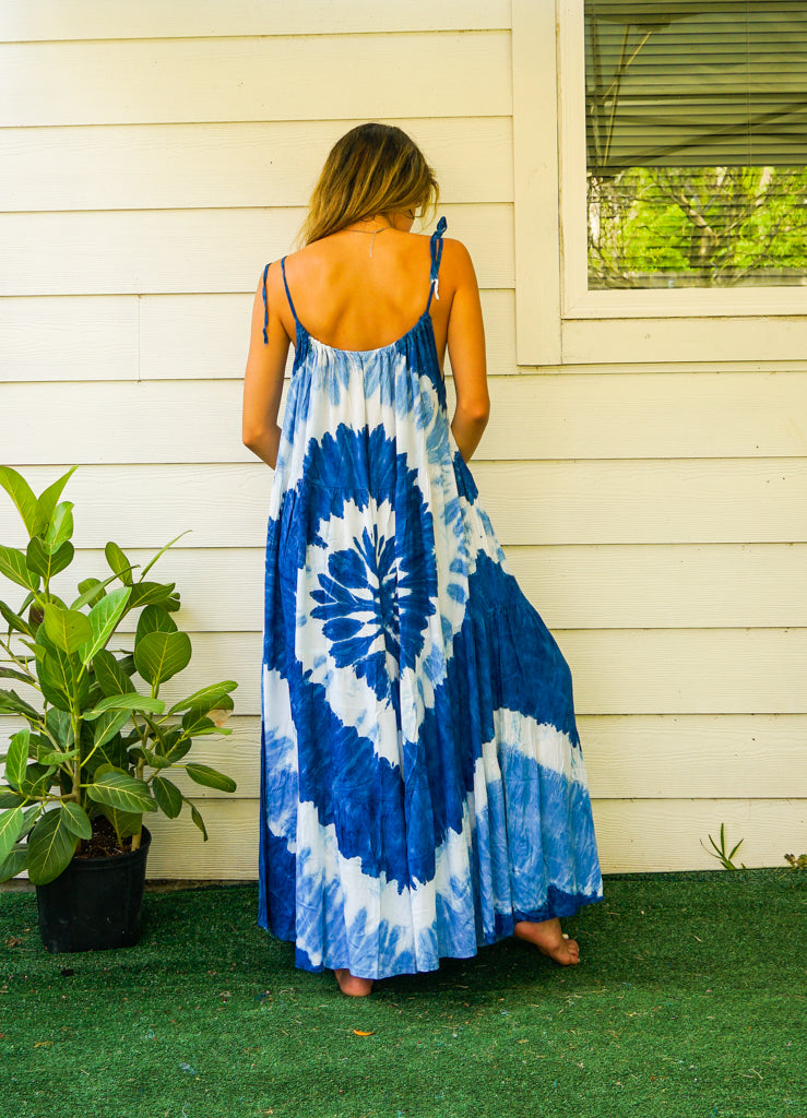 S4098- Blue Ocean Swirl Tie Dye Tiered Maxi Dress