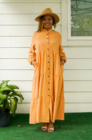 Orange Brown Organic Cotton Tiered Maxi Dress