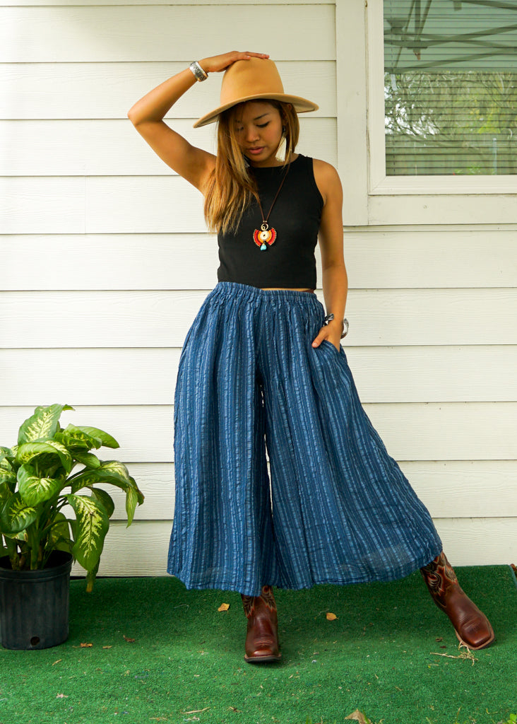 Blue Organic Linen Wide Legs Palazzo Pants