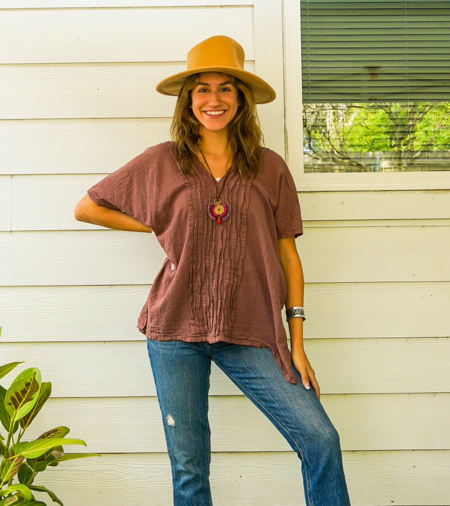 Muted Pink Raw Natural Crinkled Cotton Gauze Blouse