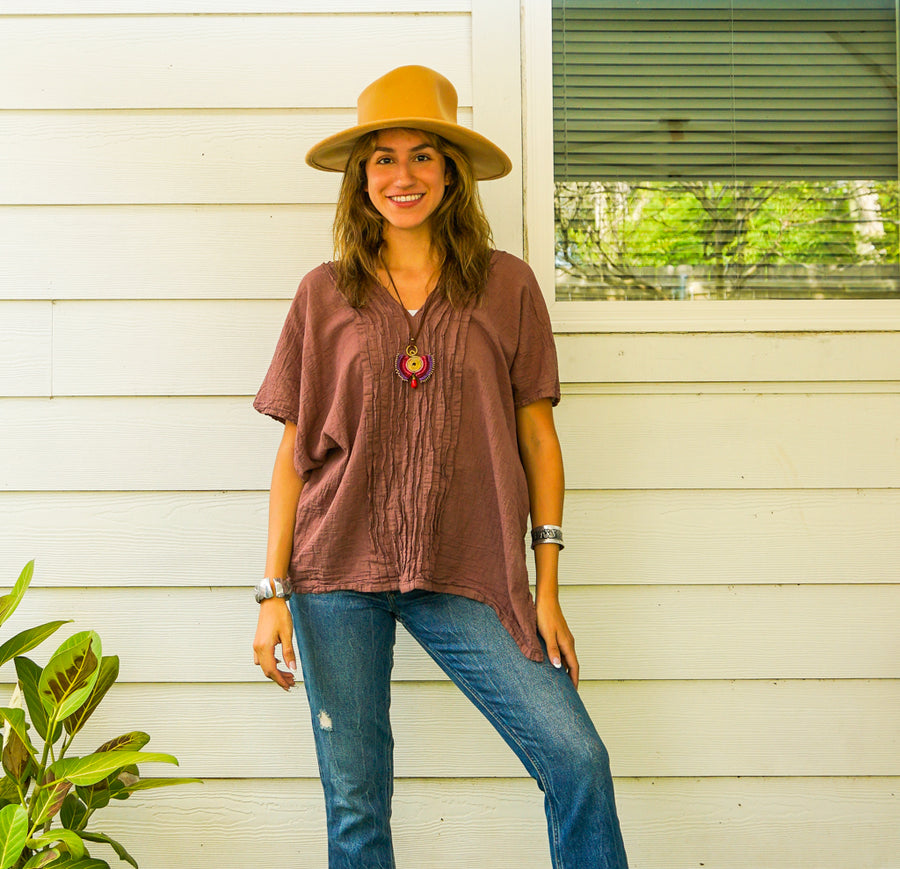 Muted Pink Raw Natural Crinkled Cotton Gauze Blouse