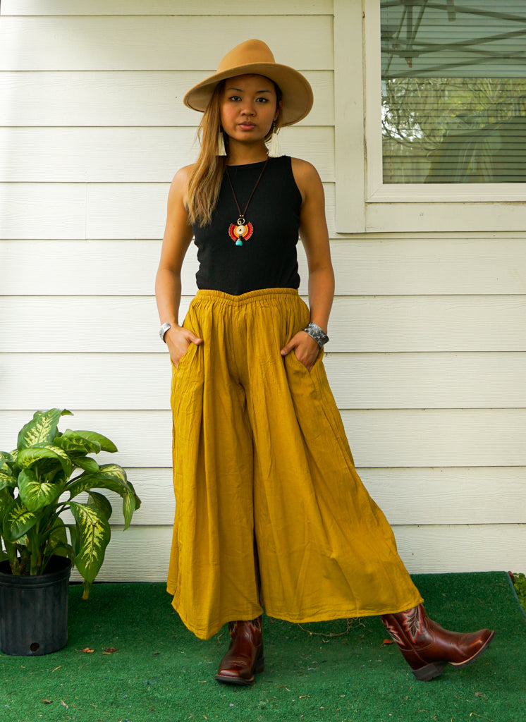 Mustard Yellow Raw Organic Cotton Gauze Wide Legs Palazzo Pants