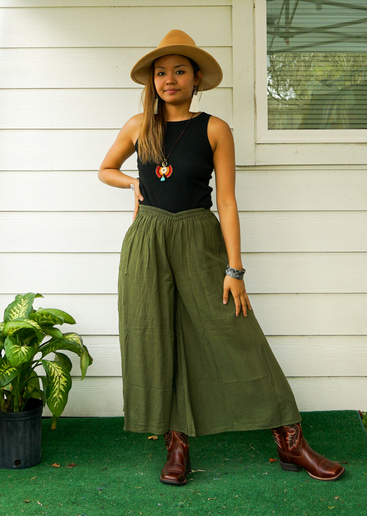 Olive Green Raw Organic Cotton Gauze Wide Legs Palazzo Pants