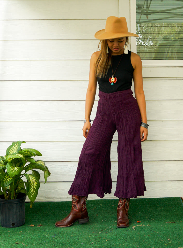 Purple Double Gauze Wide Legs Palazzo Pants