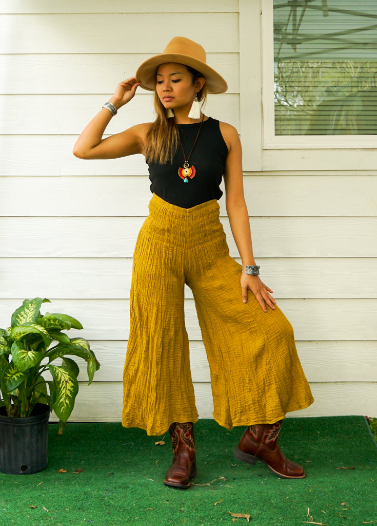 Mustard Yellow Double Gauze Wide Legs Palazzo Pants