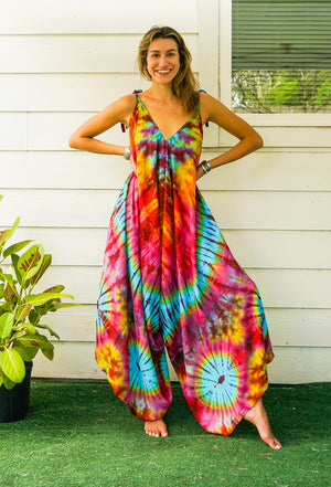 J26- Hand Dyed Wide Leg Boho Hippie Jumpsuits Rompers Pants with Pockets