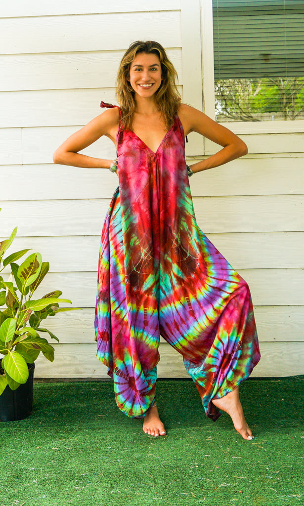 J109- Hand Dyed Wide Leg Boho Hippie Jumpsuits Rompers Pants with Pockets