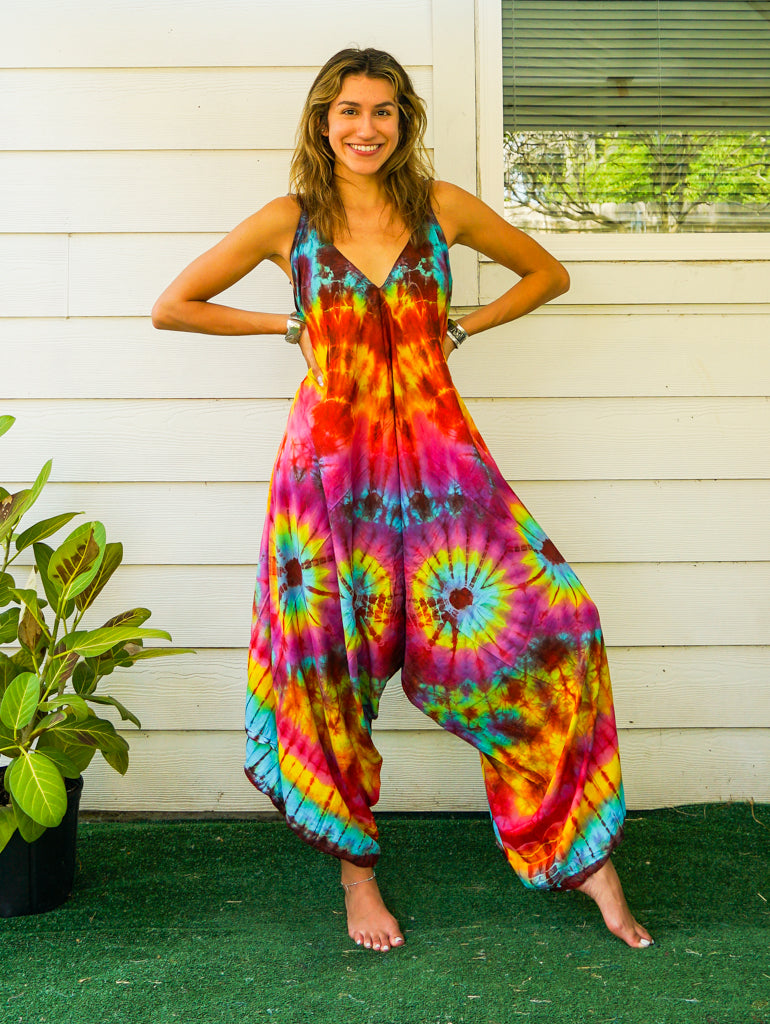 J22- Hand Dyed Wide Leg Boho Hippie Jumpsuits Rompers Pants with Pockets
