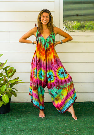 J23- Hand Dyed Wide Leg Boho Hippie Jumpsuits Rompers Pants with Pockets