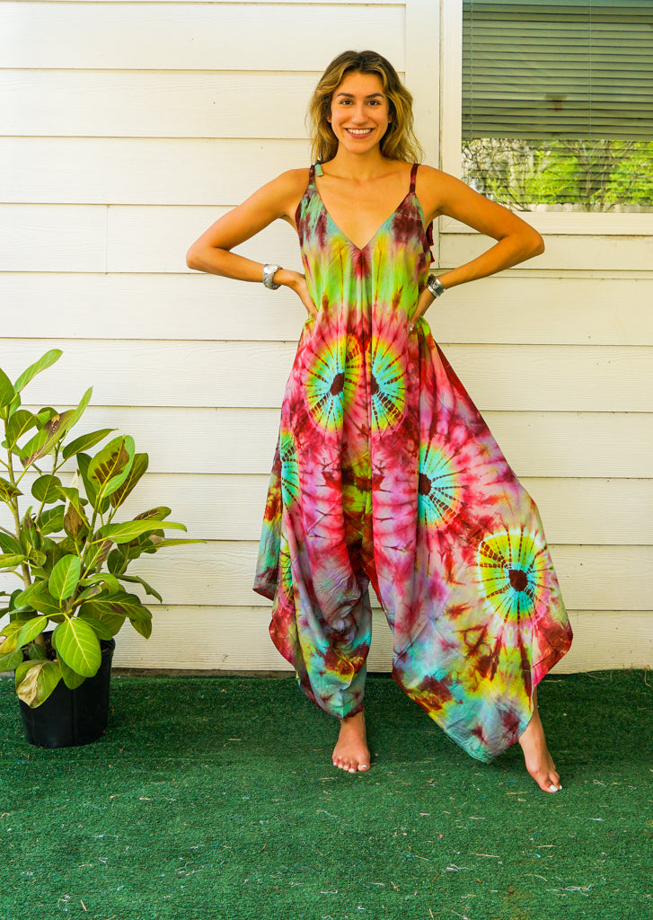 J4820- Hand Dyed Wide Leg Boho Hippie Jumpsuits Rompers Pants with Pockets