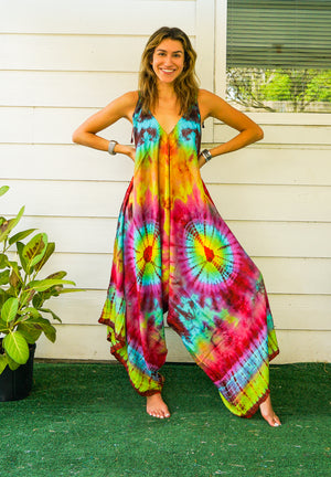 J29- Hand Dyed Wide Leg Boho Hippie Jumpsuits Rompers Pants with Pockets