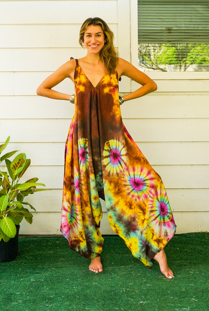 J99- Hand Dyed Wide Leg Boho Hippie Jumpsuits Rompers Pants with Pockets