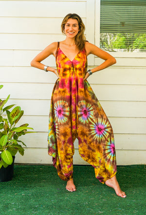 J24- Hand Dyed Wide Leg Boho Hippie Jumpsuits Rompers Pants with Pockets