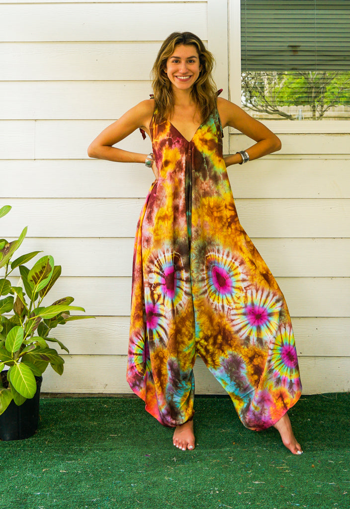 J89- Hand Dyed Wide Leg Boho Hippie Jumpsuits Rompers Pants with Pockets