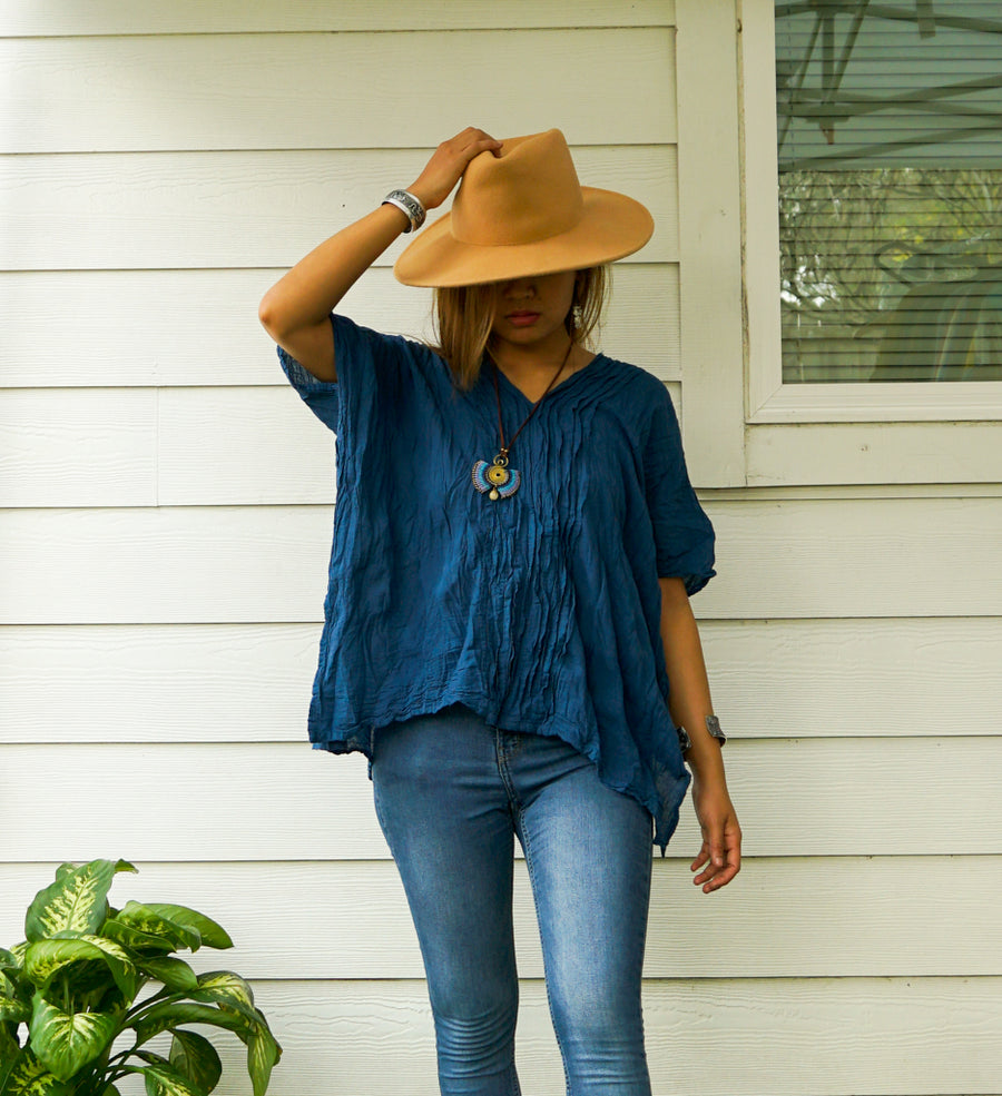 Teal Blue Raw Natural Crinkled Cotton Gauze Blouse