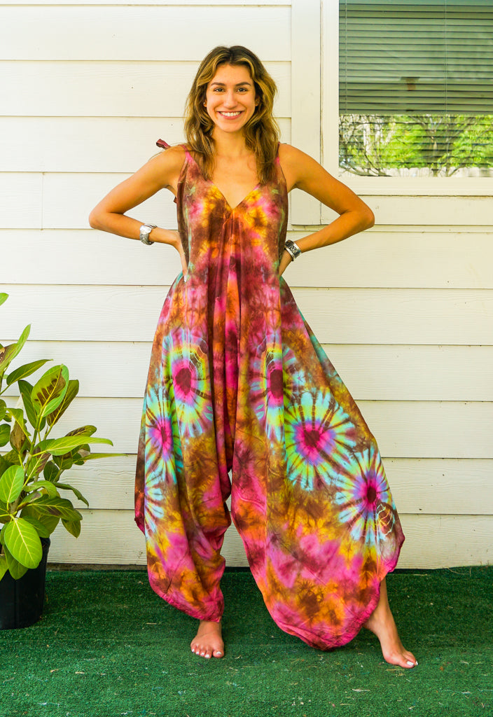 J98- Hand Dyed Wide Leg Boho Hippie Jumpsuits Rompers Pants with Pockets