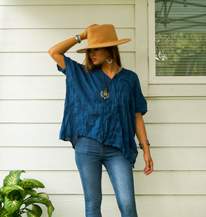 Teal Blue Raw Natural Crinkled Cotton Gauze Blouse