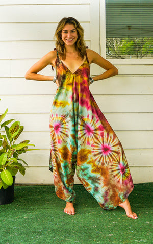 J30- Hand Dyed Wide Leg Boho Hippie Jumpsuits Rompers Pants with Pockets
