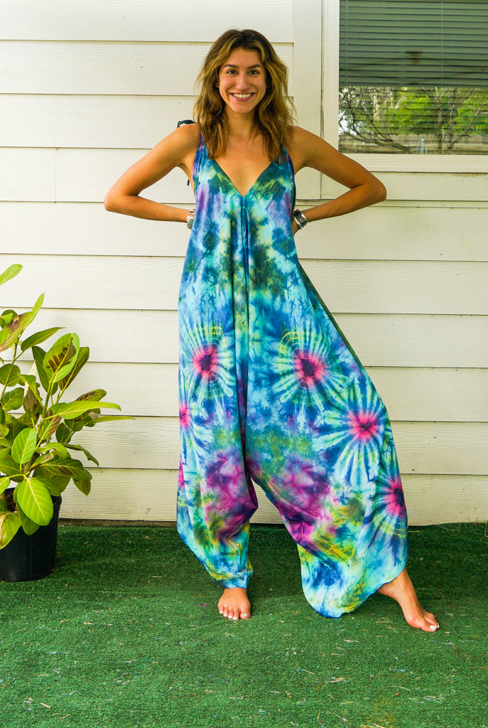 J28- Hand Dyed Wide Leg Boho Hippie Jumpsuits Rompers Pants with Pockets