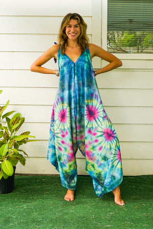 J105- Hand Dyed Wide Leg Boho Hippie Jumpsuits Rompers Pants with Pockets