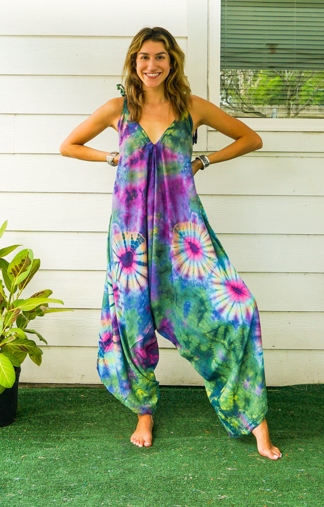 J106- Hand Dyed Wide Leg Boho Hippie Jumpsuits Rompers Pants with Pockets