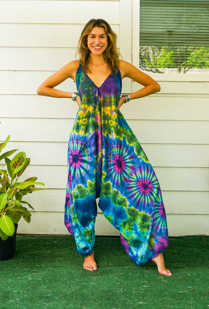 J103- Hand Dyed Wide Leg Boho Hippie Jumpsuits Rompers Pants with Pockets