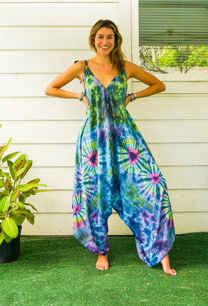 J25- Hand Dyed Wide Leg Boho Hippie Jumpsuits Rompers Pants with Pockets