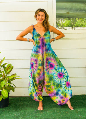 J104- Hand Dyed Wide Leg Boho Hippie Jumpsuits Rompers Pants with Pockets