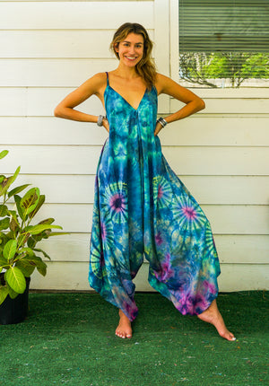 J108- Hand Dyed Wide Leg Boho Hippie Jumpsuits Rompers Pants with Pockets