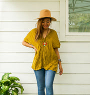 Mustard Yellow Raw Natural Crinkled Cotton Gauze Blouse