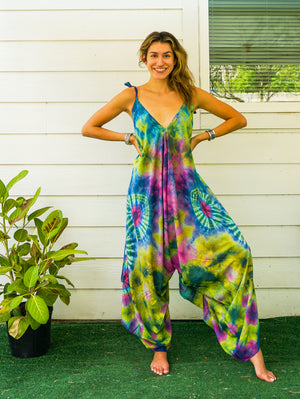 J91- Hand Dyed Wide Leg Boho Hippie Jumpsuits Rompers Pants with Pockets