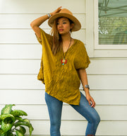 Mustard Yellow Raw Natural Crinkled Cotton Gauze Blouse