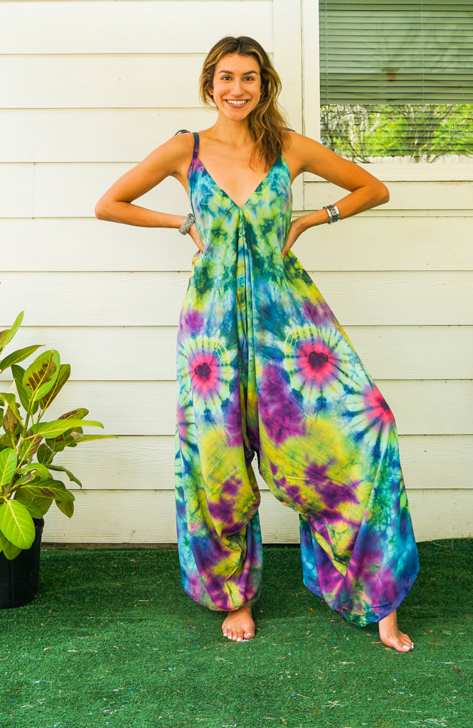 J93- Hand Dyed Wide Leg Boho Hippie Jumpsuits Rompers Pants with Pockets