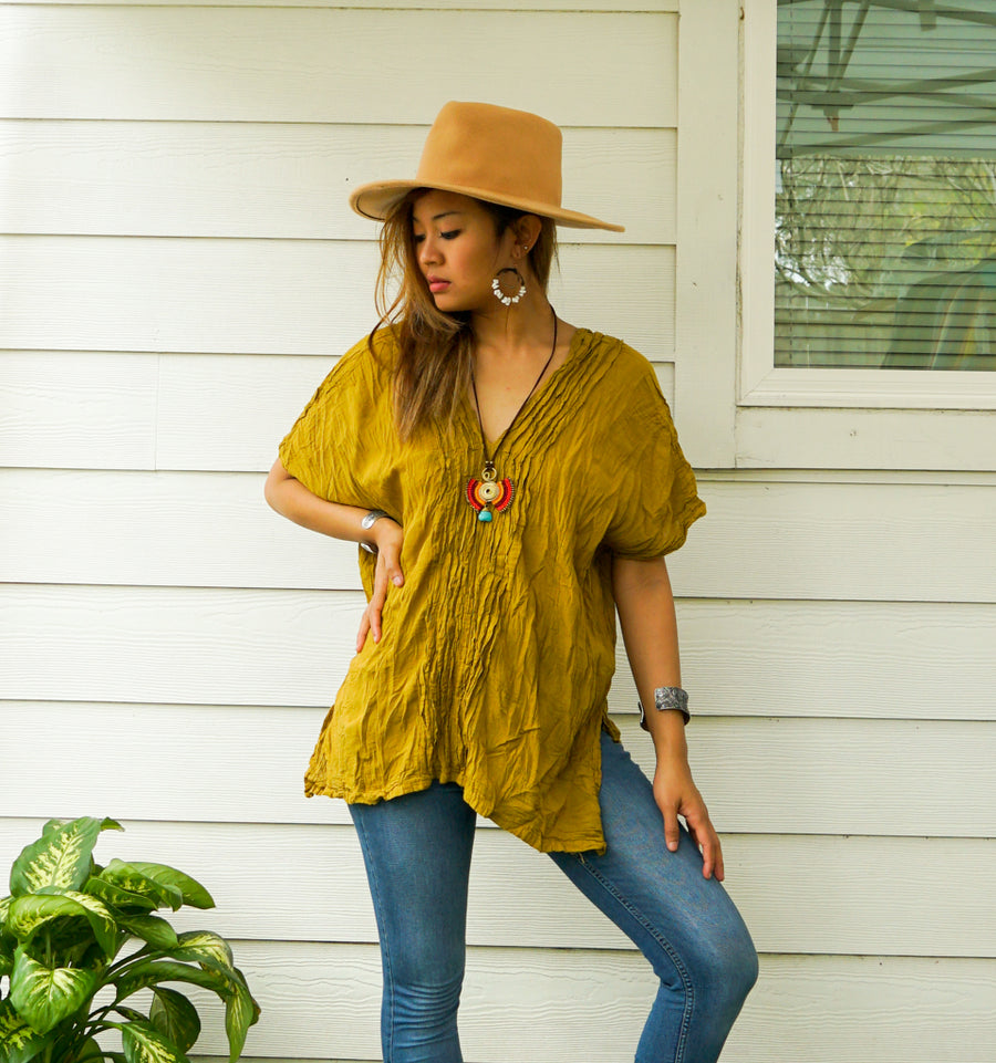 Mustard Yellow Raw Natural Crinkled Cotton Gauze Blouse