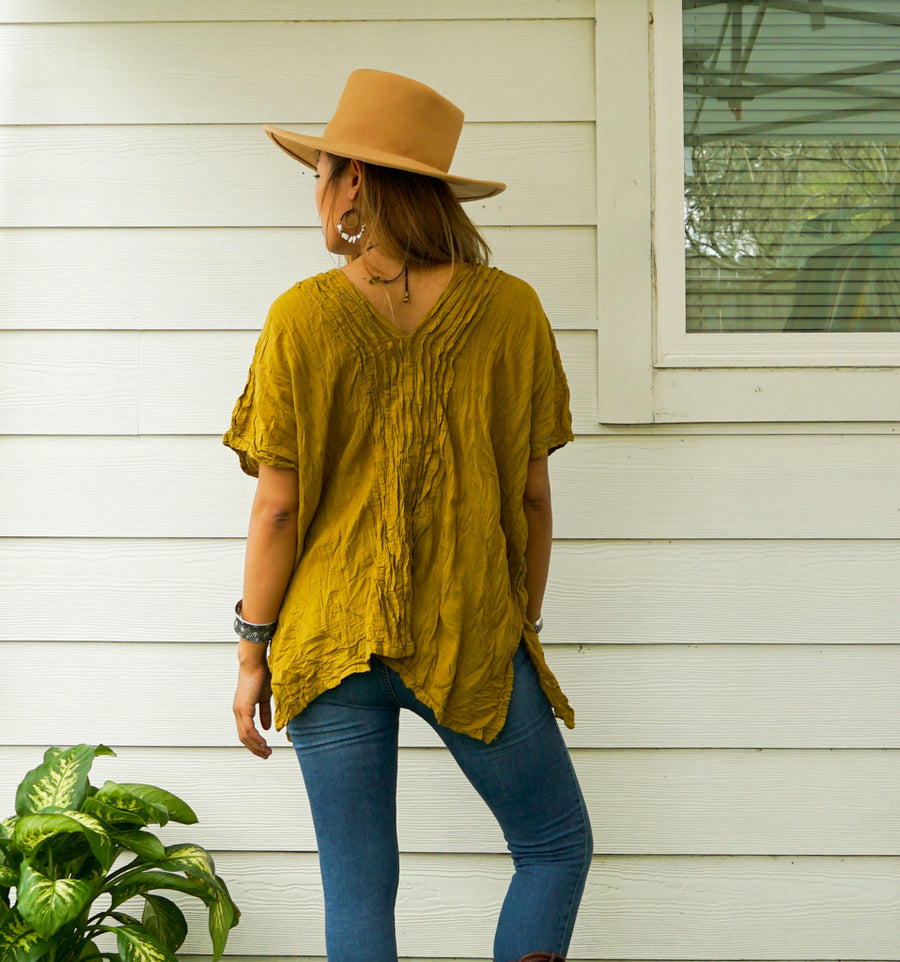 Mustard Yellow Raw Natural Crinkled Cotton Gauze Blouse