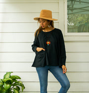 Black Cotton Gauze Long Sleeve Blouse with Pocket