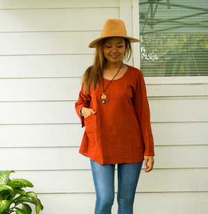Rust Cotton Gauze Long Sleeve Blouse with Pocket