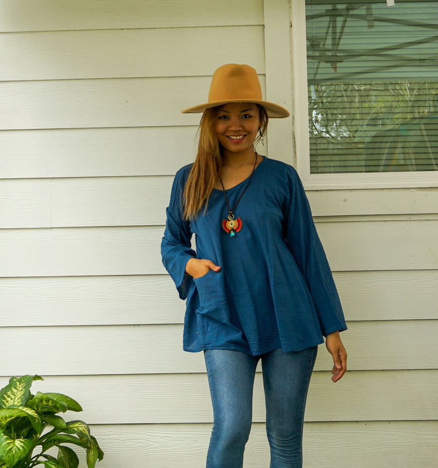 Teal Blue Long Sleeve Blouse with Pocket