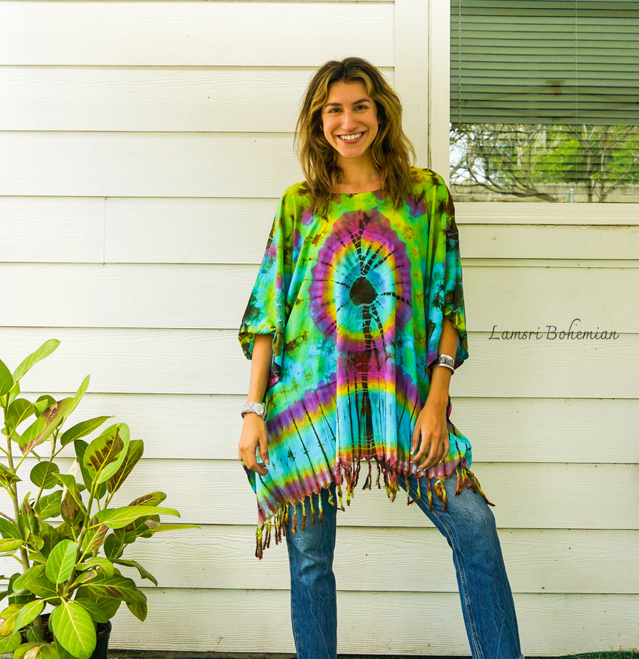 B4924- Hand Dyed Tunic Boho Kaftan Blouse Hippie Oversize Poncho Tops