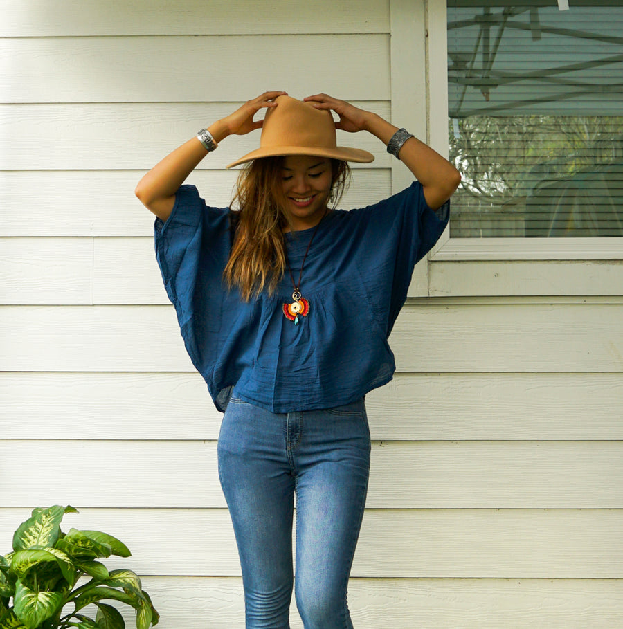 Teal Blue Raw Natural Cotton Gauze Blouse