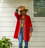 Burgundy Cotton Boho Jacket Cardigan with Pockets