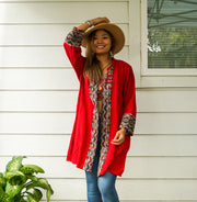 Burgundy Cotton Boho Jacket Cardigan with Pockets