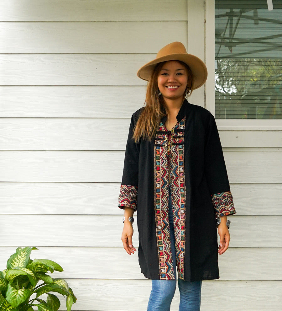 Black Organic Cotton Boho Jacket Cardigan with Pockets