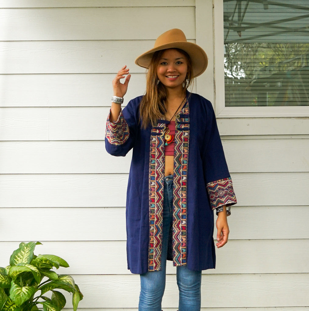 Navy Blue Organic Cotton Boho Jacket Cardigan with Pockets