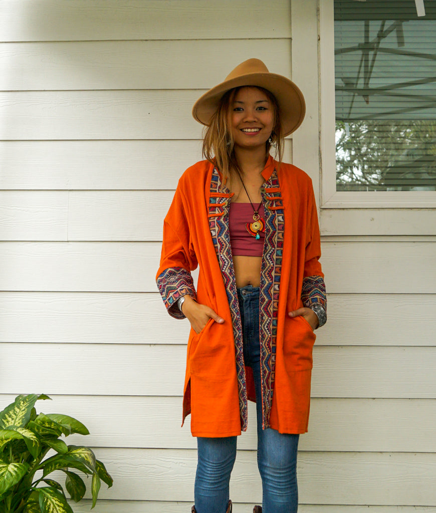 Rust Organic Cotton Boho Jacket Cardigan with Pockets