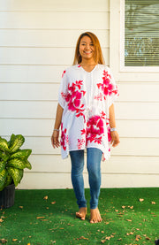 Pink White Hibiscus Bliss Kaftan Blouse Tunic