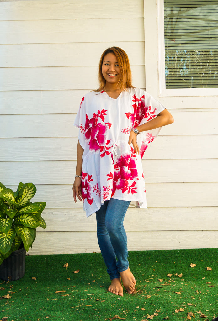 Pink White Hibiscus Bliss Kaftan Blouse Tunic