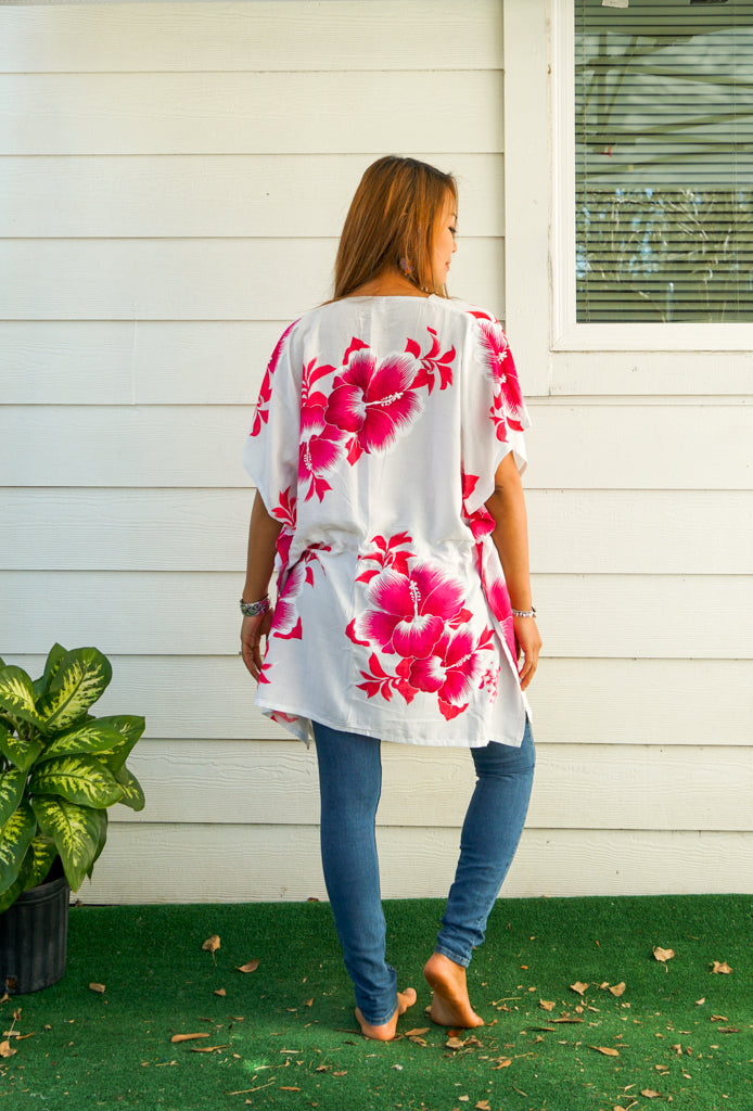 Pink White Hibiscus Bliss Kaftan Blouse Tunic