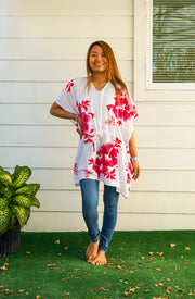 Pink White Hibiscus Bliss Kaftan Blouse Tunic