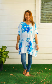 Blue White Hibiscus Bliss Kaftan Blouse Tunic